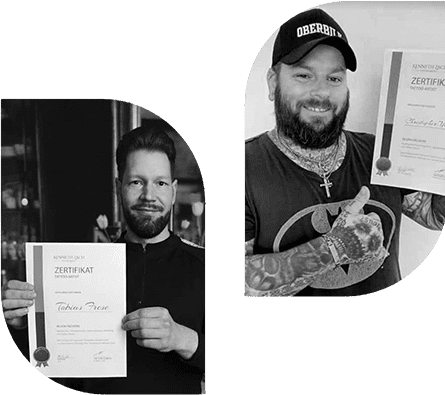Erfolgreiche Absolventen der Fineline Tattoo Ausbildung bei filigraner Arbeit